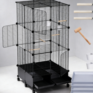 Large flying birdcage with wheels, metal structure, includes a pull-out tray, perch, feeder, and toys, suitable for indoor small to medium-sized ornamental birds.