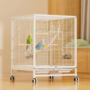 View birdcage with wheels and stand. Spacious and airy structure, suitable for small parrots and ornamental birds for home keeping and mobile display.