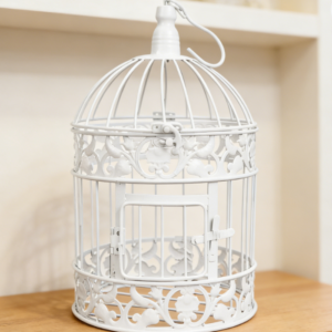 European retro decorative birdcage. White iron structure, suitable as a wedding or home decoration. Elegant style.