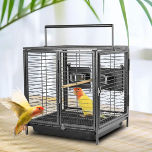 Portable travel birdcage with handle and wooden perch, suitable for short trips and temporary shelter for small to medium-sized parrots.