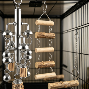 Heavyweight Natural Wood and Metal Bell Bird Toy, Suitable for Small to Medium-Sized Parrots