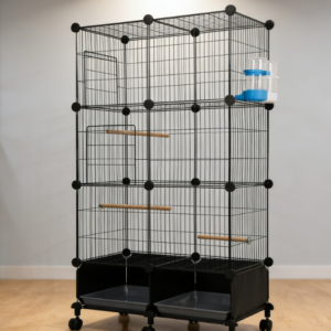 Large flight birdcage with wheels and stand, metal structure, with wooden perch and feeder, suitable for indoor keeping.