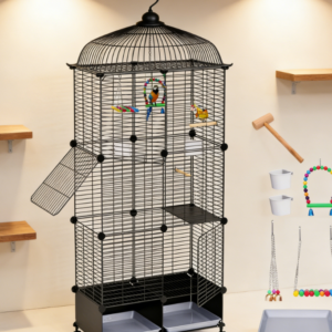 Indoor birdcage with sliding tray and interactive toys, suitable for small parrots and ornamental birds for activity and living.