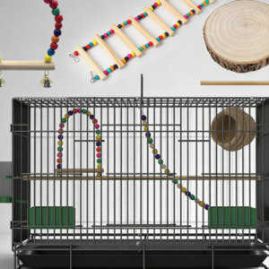 Foldable small to medium-sized birdcage set, with sliding base and toy accessories for easy storage and daily use.