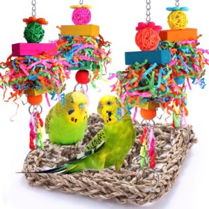 Parrot birdcage toy set, natural seaweed woven hammock and perch interactive toys
