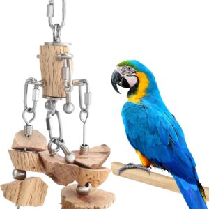 Wooden and Stainless Steel Interactive Chewing Hanging Toy, Enhancing Bird Activity and Fun