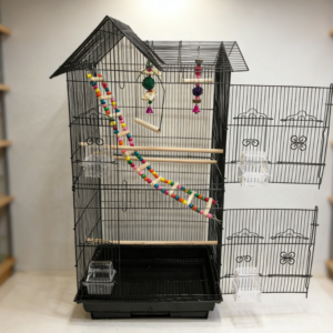 Double-roof large flight birdcage with climbing ladder and side nest box design, suitable for various ornamental birds.