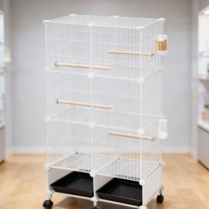 Wide-body birdcage with detachable stand and wheels, sturdy structure, suitable for parrots and small pet birds.